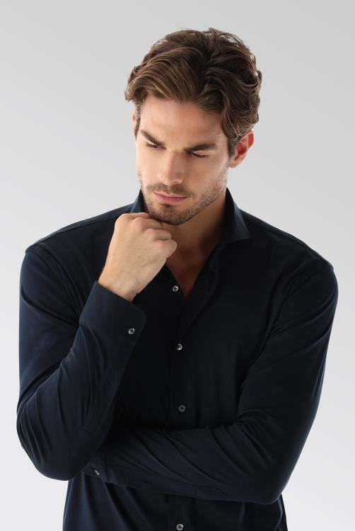 Heren Van Laack Zwitsers katoenen jersey overhemd op maat marineblauw kleding XLN6N447