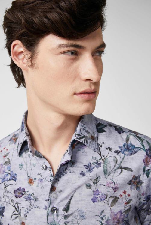 Heren Van Laack donker katoenen poplin overhemd met vintage denim bloemenprint blauw kleding XLN6N559