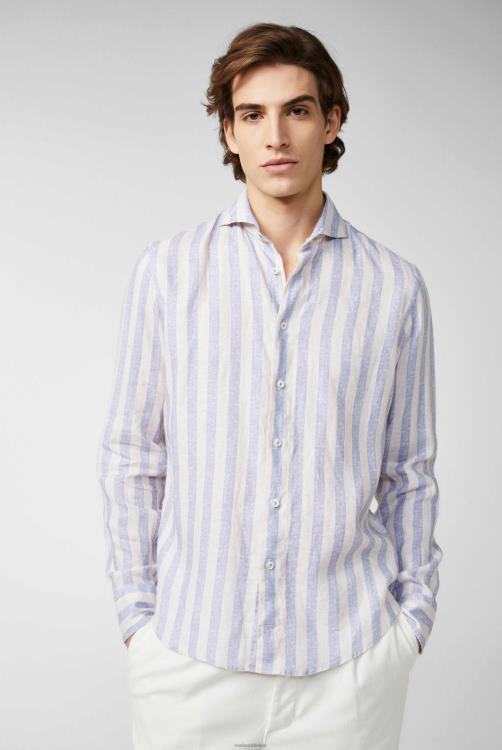 Heren Van Laack linnen overhemd met tweekleurige streepprint en brede kraag blauw kleding XLN6N494