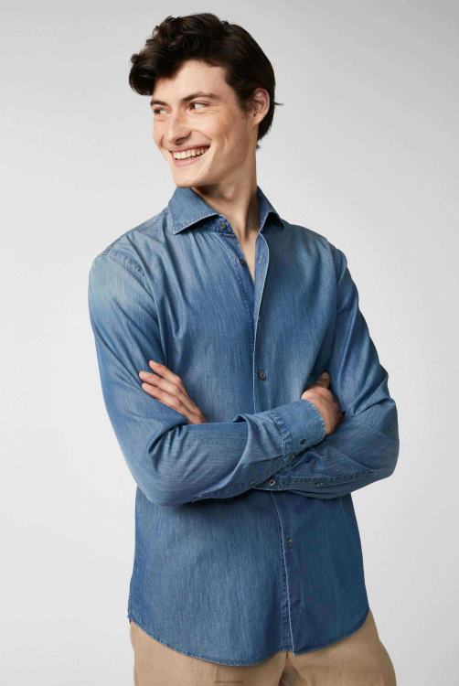 Heren Van Laack stonewashed denim overhemd blauw kleding XLN6N583