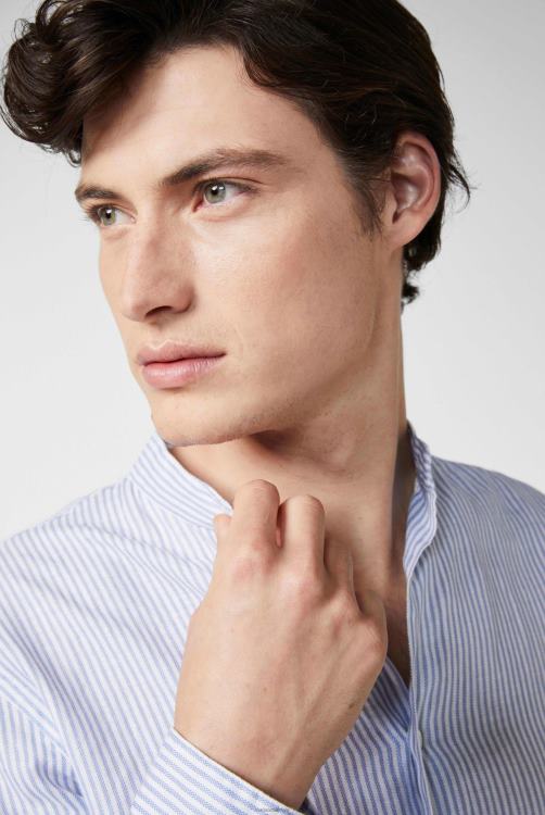 Heren Van Laack superzacht gestreept linnen overhemd met opstaande kraag blauw kleding XLN6N485