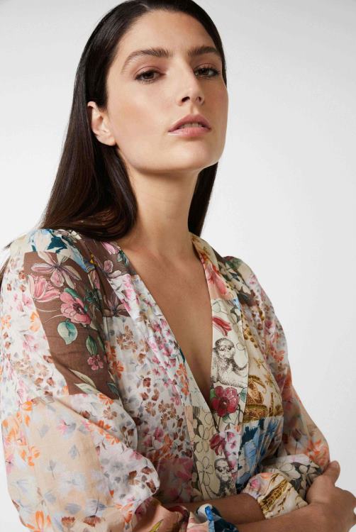 vrouwen Van Laack midi-wikkeljurk met pofmouwen en bloemenpatchworkprint van katoenen voile kleding XLN6N166