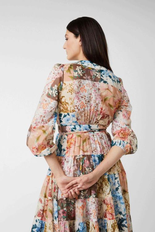vrouwen Van Laack midi-wikkeljurk met pofmouwen en bloemenpatchworkprint van katoenen voile kleding XLN6N166